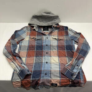 DJAB Simons Plaid Hooded Flannel Shirt Jacket Button Up Front Grey Hood Men's S